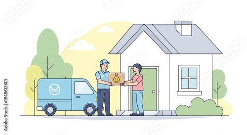 A professional courier provides efficient home package delivery, handing a boxed parcel to a delighted customer directly at their residence, accompanied by a dedicated service van