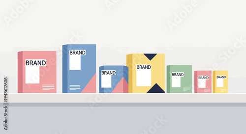 Collection of boxes with labels of various sizes and colors placed on a shelf