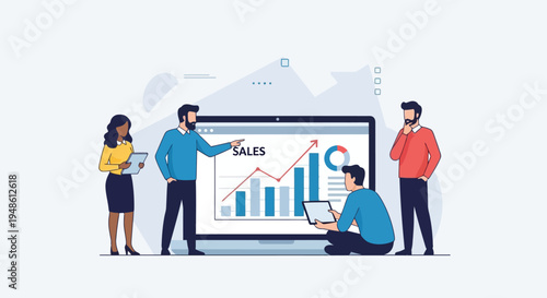 Dynamic business team collaboratively analyzing sales performance data and growth strategies on a laptop, driving financial success and innovative solutions in a modern digital environment