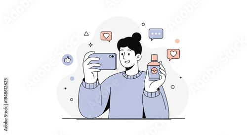 Young content creator recording a product review video on a smartphone, actively engaging in social media marketing and digital influence