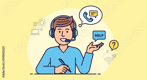 Customer service agent with headset and notepad, offering assistance and support with a friendly smile