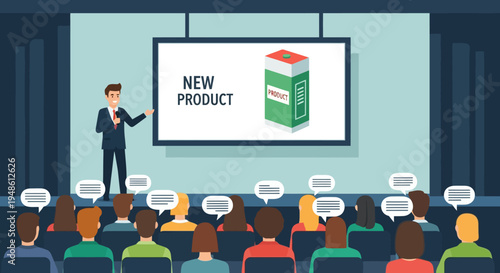 Dynamic Business Presentation on Innovative Product Launch to an Engaged Conference Audience, Highlighting New Market Introduction