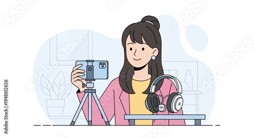 A Young Woman Recording a Video on her Smartphone with Headphones