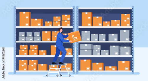 Warehouse worker organizing inventory on shelves, logistics and supply chain management