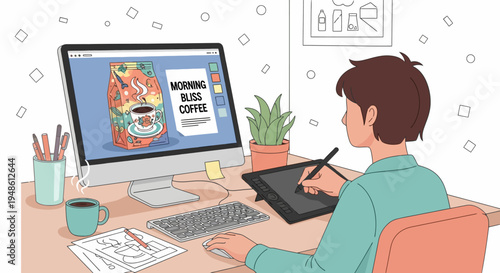 Creative professional developing a coffee packaging design concept on a computer, utilizing digital illustration tools for a modern brand identity