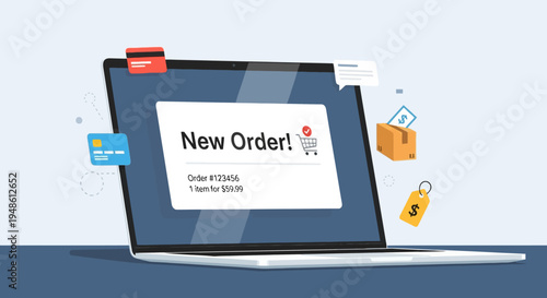 New Order Notification on Laptop with Shopping Elements and Payment Methods