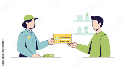 Customer receiving a loyalty card with reward points from a dedicated store employee, illustrating successful customer retention strategies and exclusive benefits programs for consumers