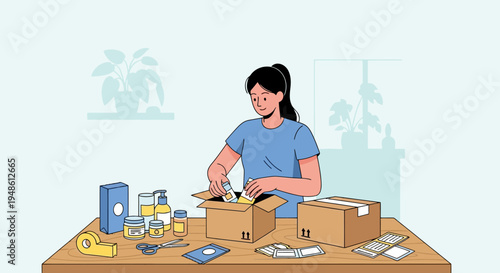Efficient young woman meticulously organizing and packaging diverse products into shipping boxes, streamlining order fulfillment for her growing e-commerce business operation