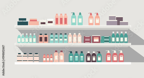 Shelves stocked with a variety of personal care and household cleaning products, showcasing a retail or store display