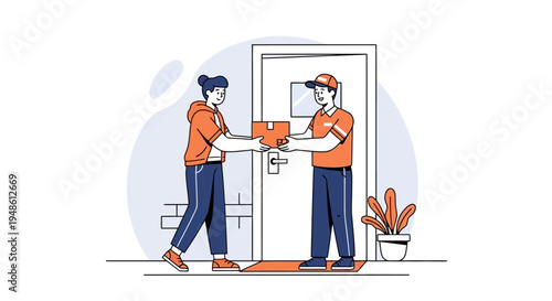 Delivery Person Handing Over Package to Customer at Doorstep, E-commerce Concept Illustration