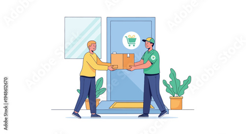 Efficient online shopping delivery service illustration featuring a courier handing a package to a happy customer at their home doorstep with convenient and reliable shipping