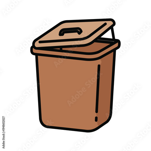 Brown Trash Can with Open Lid and Handle.