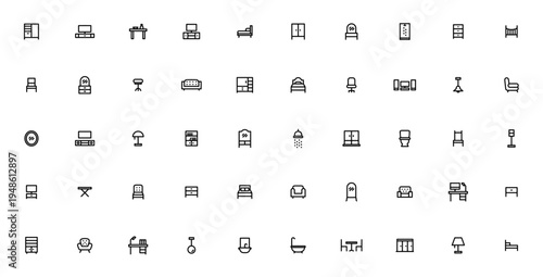 Furniture icon set. Minimal vector icons pack. Includes closet, bed, sofa, chair, table, desk, lamp, mirror, bookshelf and more. Editable stroke.