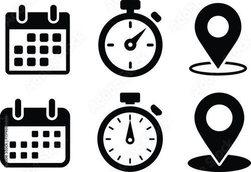 Monochrome time, schedule, and location set calendar clock stopwatch markers
