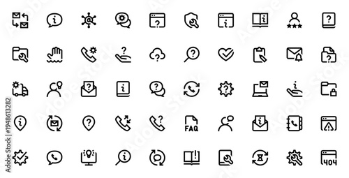 Customer Service icon set. Vector line icons pack. Includes symbols for support, help, FAQ, mail, chat, call, settings and more. Editable stroke.
