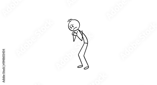 Sad Stick Figure Character Feeling Shy and Scared, Isolated on White Background