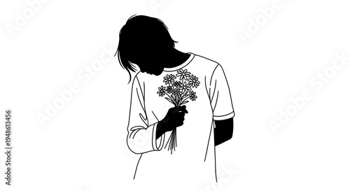 Sad Silhouette Woman Hiding Flowers Behind Back, Grief, Loss, Unrequited Love, Minimalist Line Art