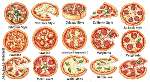 Watercolor Pizza Styles Collection with Margherita Pepperoni Hawaiian Chicago and New York Pizzas