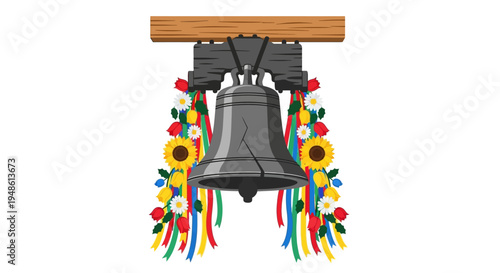 Illustration of a gray bell decorated with colorful ribbons and flowers hanging from a wooden beam on a white background.