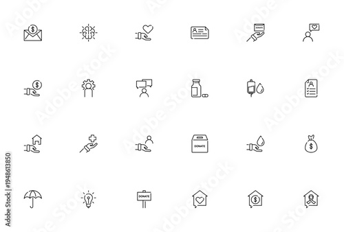 Humanity icon set. Vector symbols for donation, care, shelter, blood, love, helping, brain, coin and more. Editable thin line illustrations.