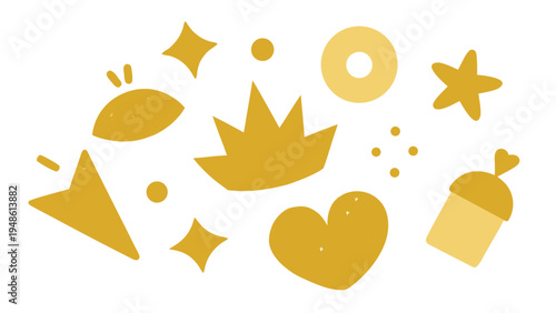 A set of golden paper cut out shapes including a crown heart star eye and acorn with a subtle grain texture isolated on a white background.