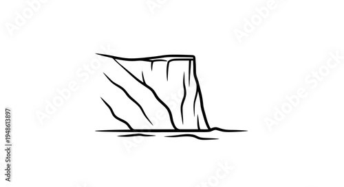 Minimalist Cliff Face Over Calm Water, Black and White Line Art