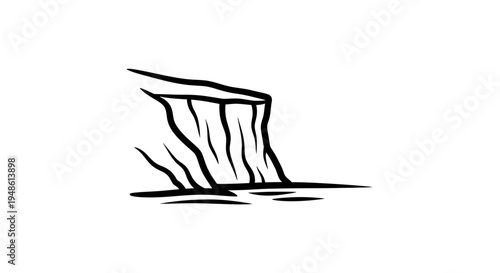 Minimalist Cliff Edge Overlooking Water, Black and White Line Art