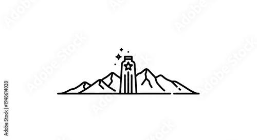 Minimalist mountain landscape with a glowing bottle and star icon, representing achievement or success.