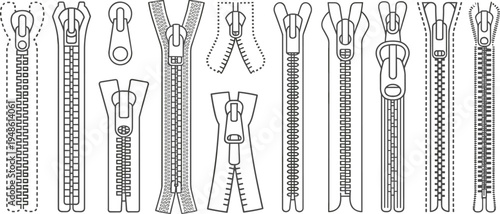 Various zipper designs continuous line fashion accessory detail flat vector