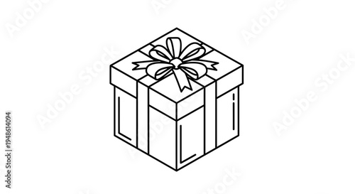 Isometric Gift Box with Ribbon and Bow, Simple Line Art Icon