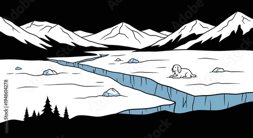 Lonely Dog on Cracked Ice Floe in Arctic Landscape with Mountains