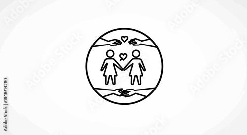 LGBTQ+ Couple Holding Hands with Hearts and Supportive Hands Icon