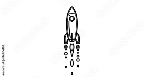 Hand-drawn rocket ship launching upwards with smoke trails, simple line art illustration