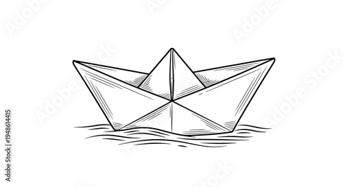Hand-drawn sketch of a classic paper boat floating on gentle waves, symbolizing childhood and simplicity.