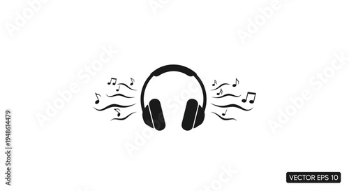 Headphones with musical notes and sound waves, symbol of music and audio