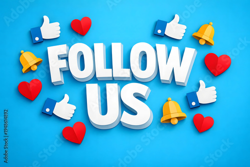 Follow Us 3D Paper Cut Text with Thumbs Up on Cyan