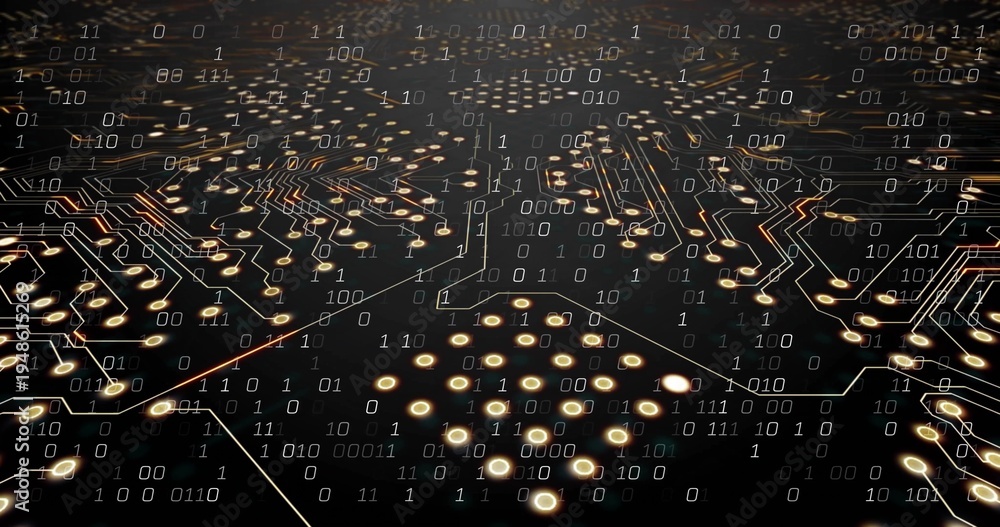 Naklejka premium Glowing PCB solder pads revealing copper traces and vias on closeup studio board, with bit overlay