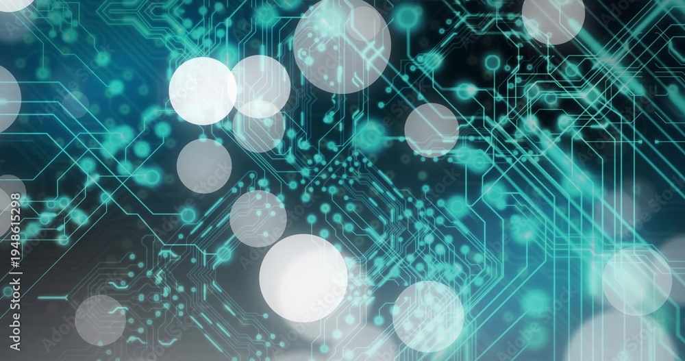 Naklejka premium Glowing circuitry network pulsing in studio graphic, showing teal traces, node dots and bokeh