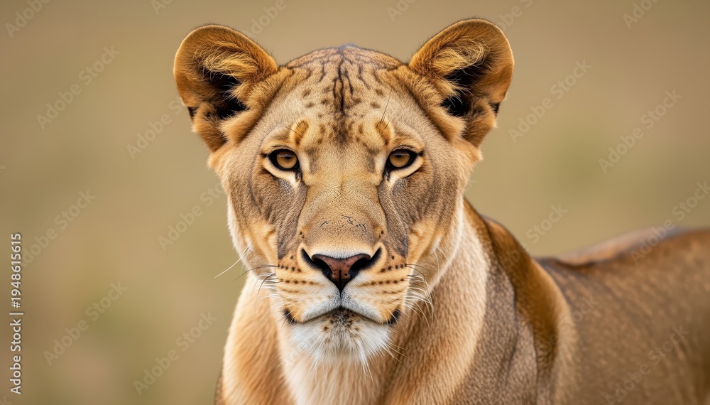 Fototapeta premium Lioness Portrait: A close-up view of a majestic lioness, with captivating eyes and a regal presence, gazing directly at the viewer, set against a backdrop of the African savannah.