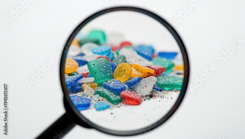 Microscopic Shards Under Scrutiny: A close-up view through a magnifying glass reveals a collection of colorful, fragmented shards, offering a unique perspective on texture and detail.
