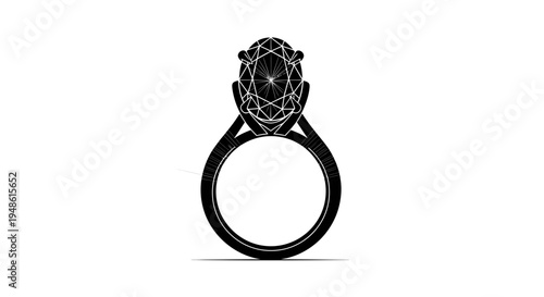 Elegant Oval Diamond Engagement Ring Silhouette, Luxury Jewelry Design, Black and White
