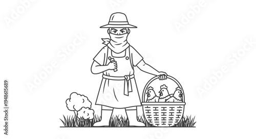 Farmer Bandit Stealing Chickens in Basket, Rural Farm Scene, Vintage Style Illustration