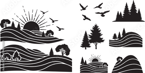 Black and white landscape silhouettes with trees and birds flying