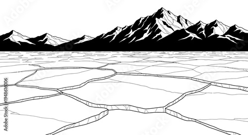 Cracked Ice Surface and Jagged Mountains Landscape - Black and White