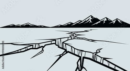 Cracked Ice Surface with Mountains Background - Winter Landscape Illustration