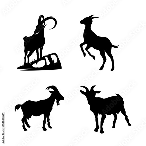 Mountain goat silhouettes with horns showing jumping and standing poses isolated black vector illustration.