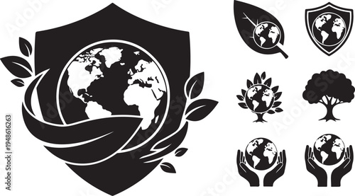 Environmental protection and conservation symbols in black and white