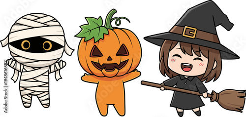 halloween, kids, characters, mummy, pumpkin, witch, costume, cartoon, cute, spooky, holiday, october, illustration, festival, party, trick or treat, fun, celebration, design, mascot