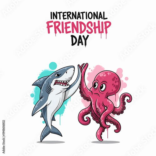 Shark and Octopus High Five for International Friendship Day
