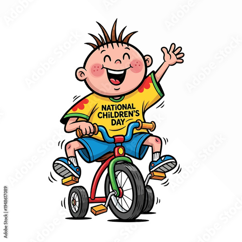 Joyful child riding a tricycle for National Children's Day celebration